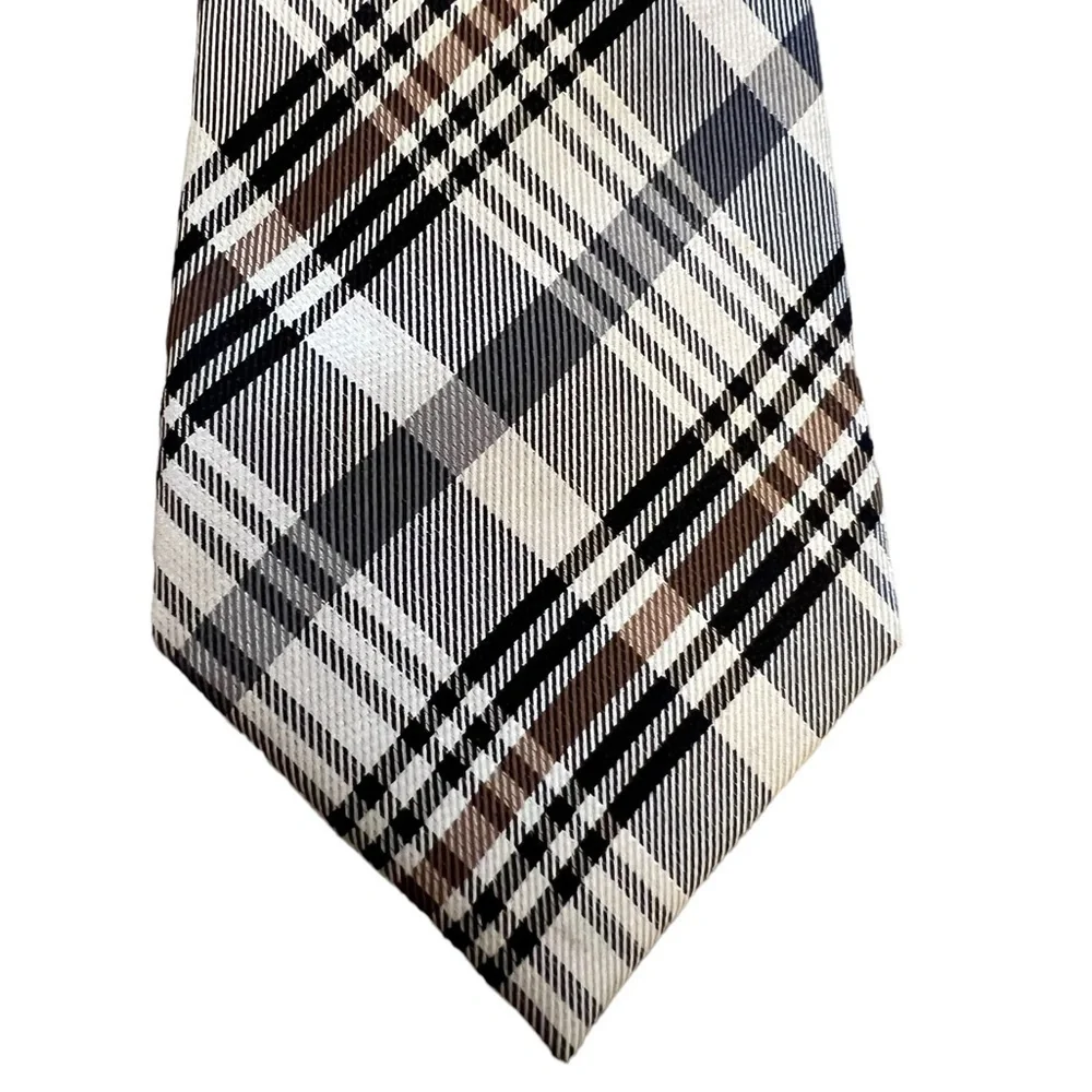 Ben Sherman black white & tan plaid skinny tie, 100% silk